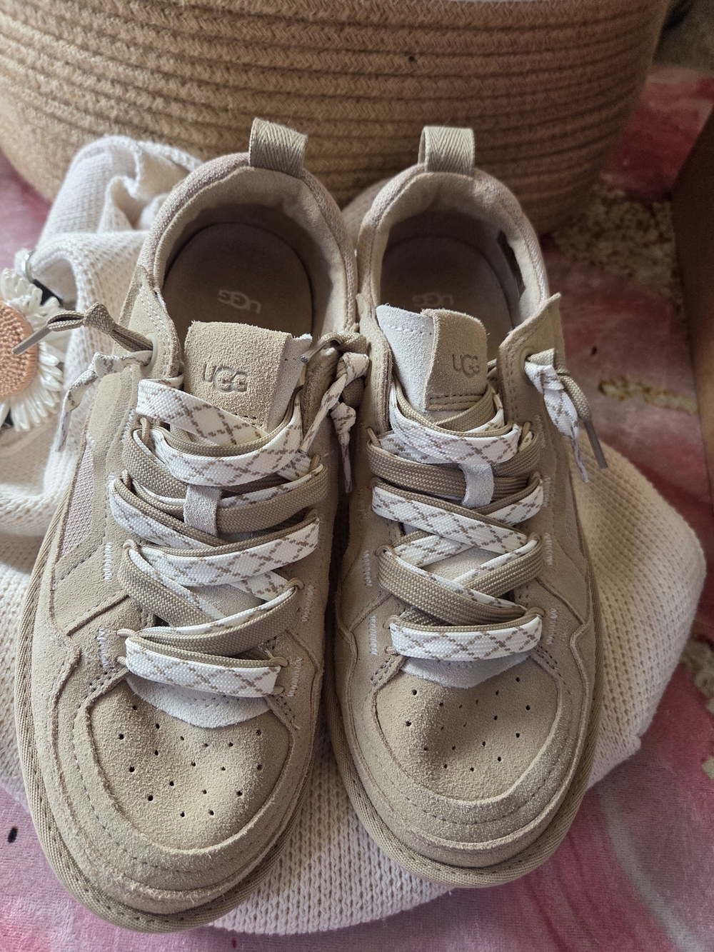 UGG Beige Suede Sneakers with Patterned Laces